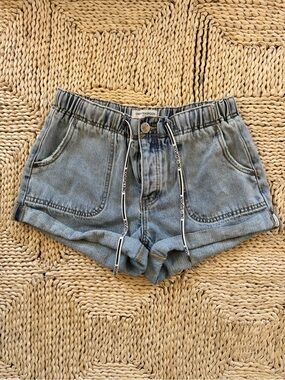 One Teaspoon Faded Blue Denim Drawstring Shorts Eddie Eagle Blakey Boyfriend Fit